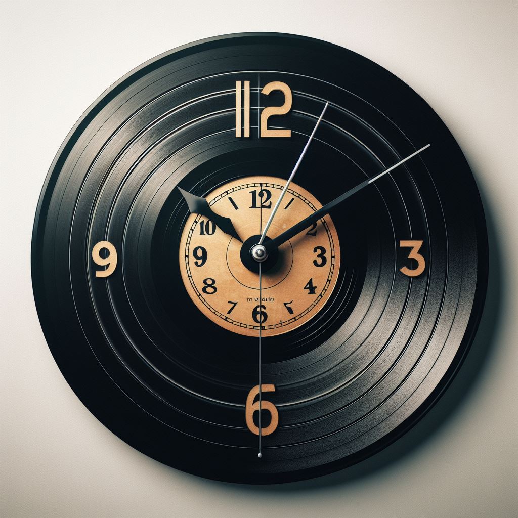 Image d'une horloge fabriquée avec un vieux disque vinyle et un mécanisme d'horloge