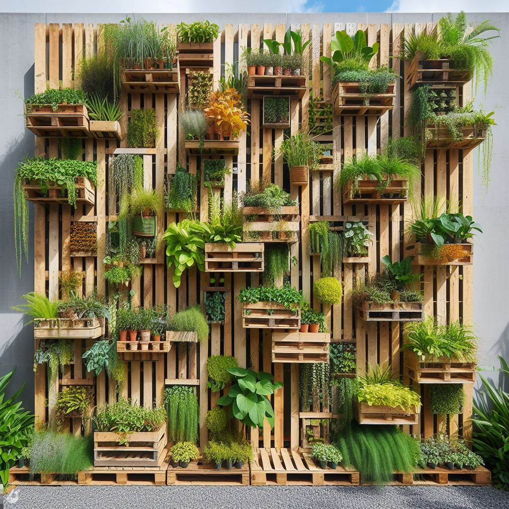 Image d'un jardin vertical fabriqué avec des palettes en bois et des plantes