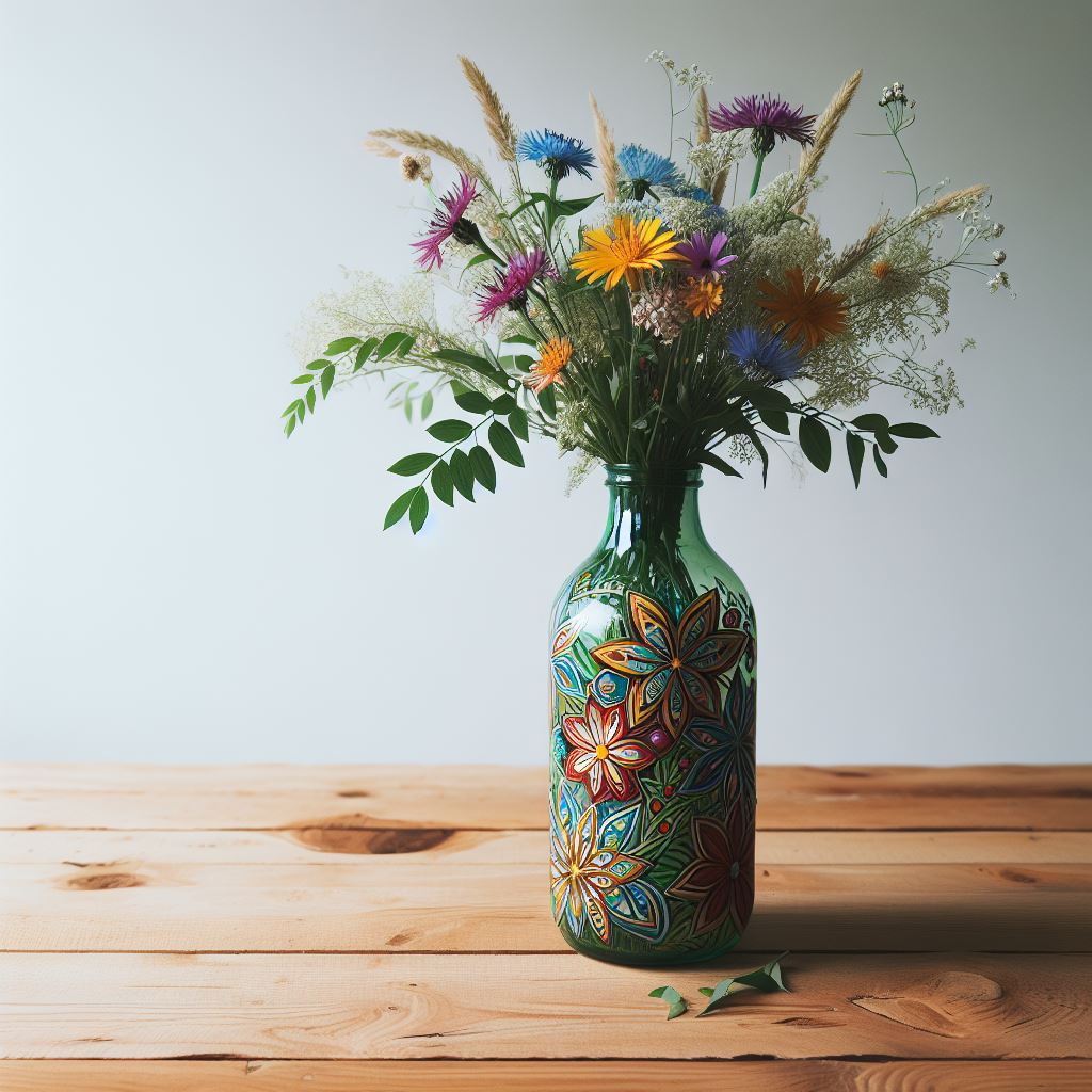 Image d'un vase fabriqué avec une bouteille en verre et des fleurs